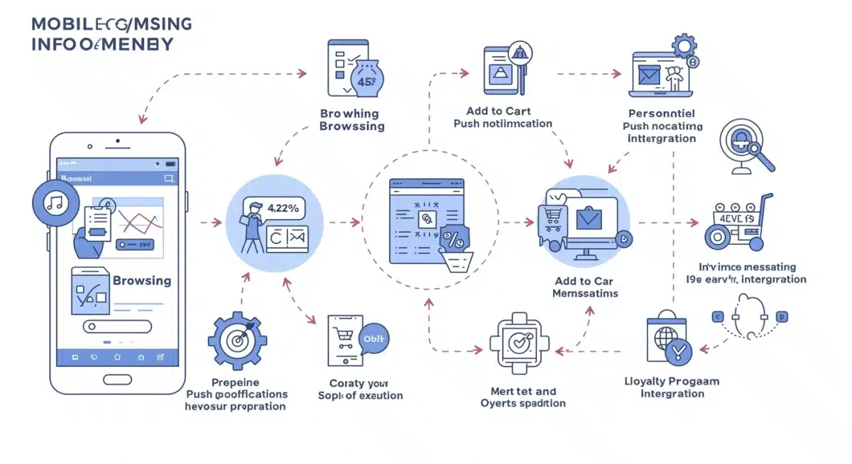 Infographic showing personalized customer journey through an e-commerce mobile app.