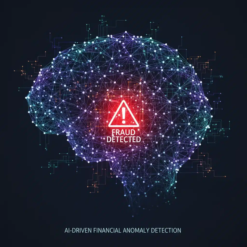 AI network detecting financial fraud, showcasing advanced fraud detection in mobile transactions.
