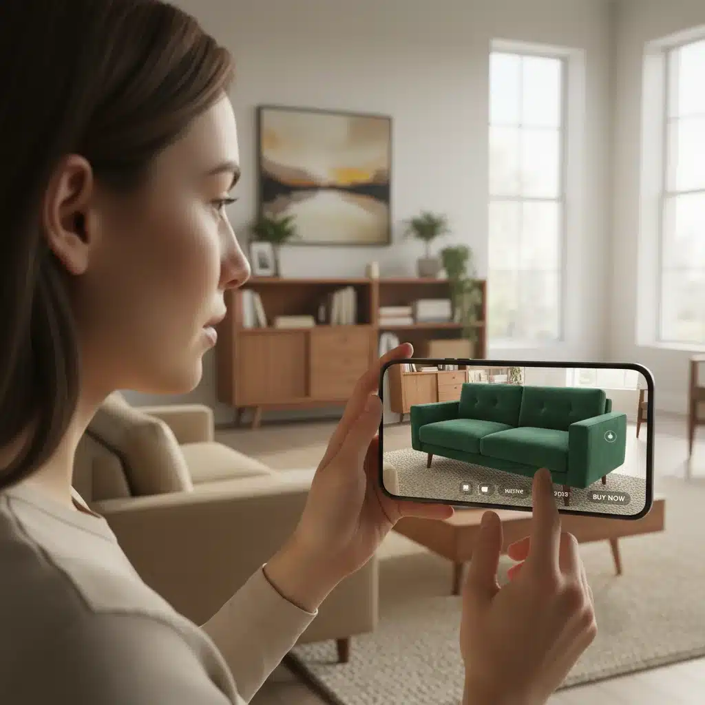 Woman using AR app to visualize furniture in her home before purchase.
