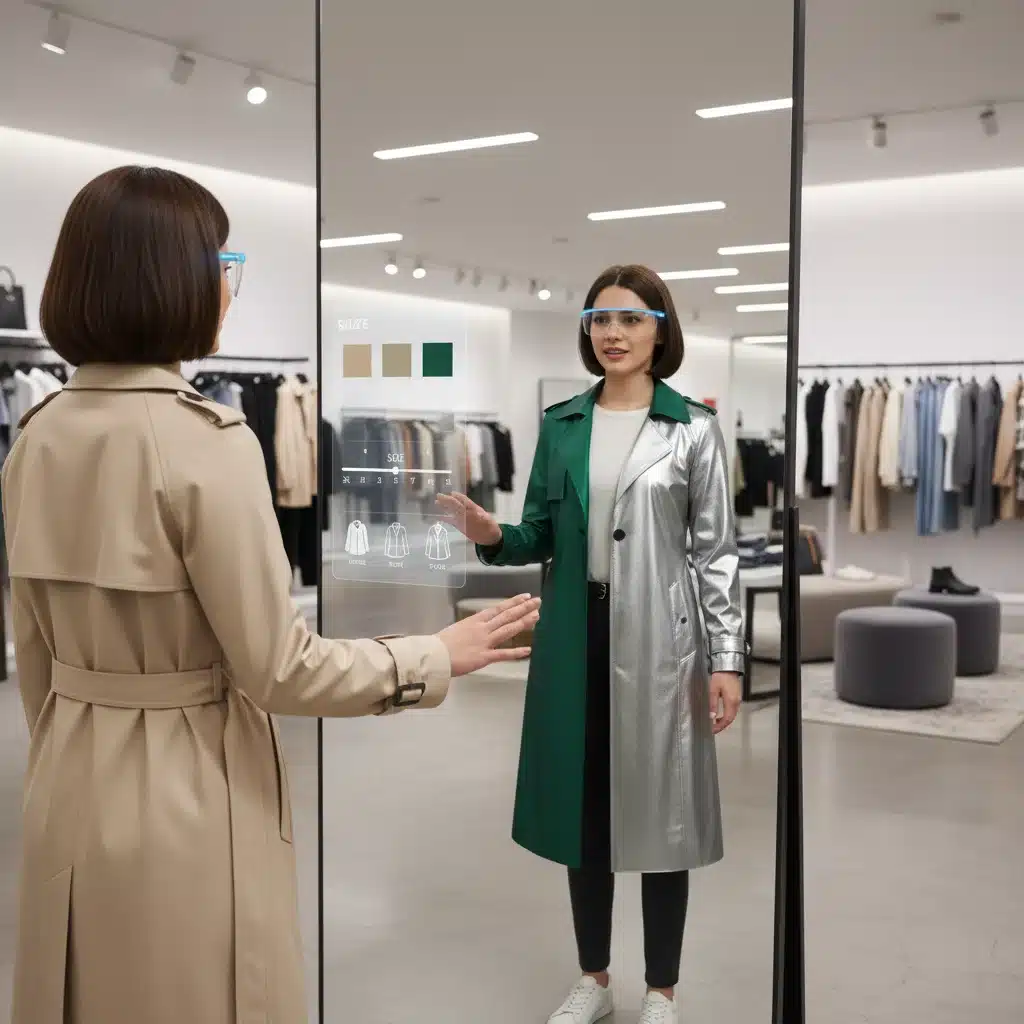Shopper trying on virtual clothes with augmented reality in a fitting room.