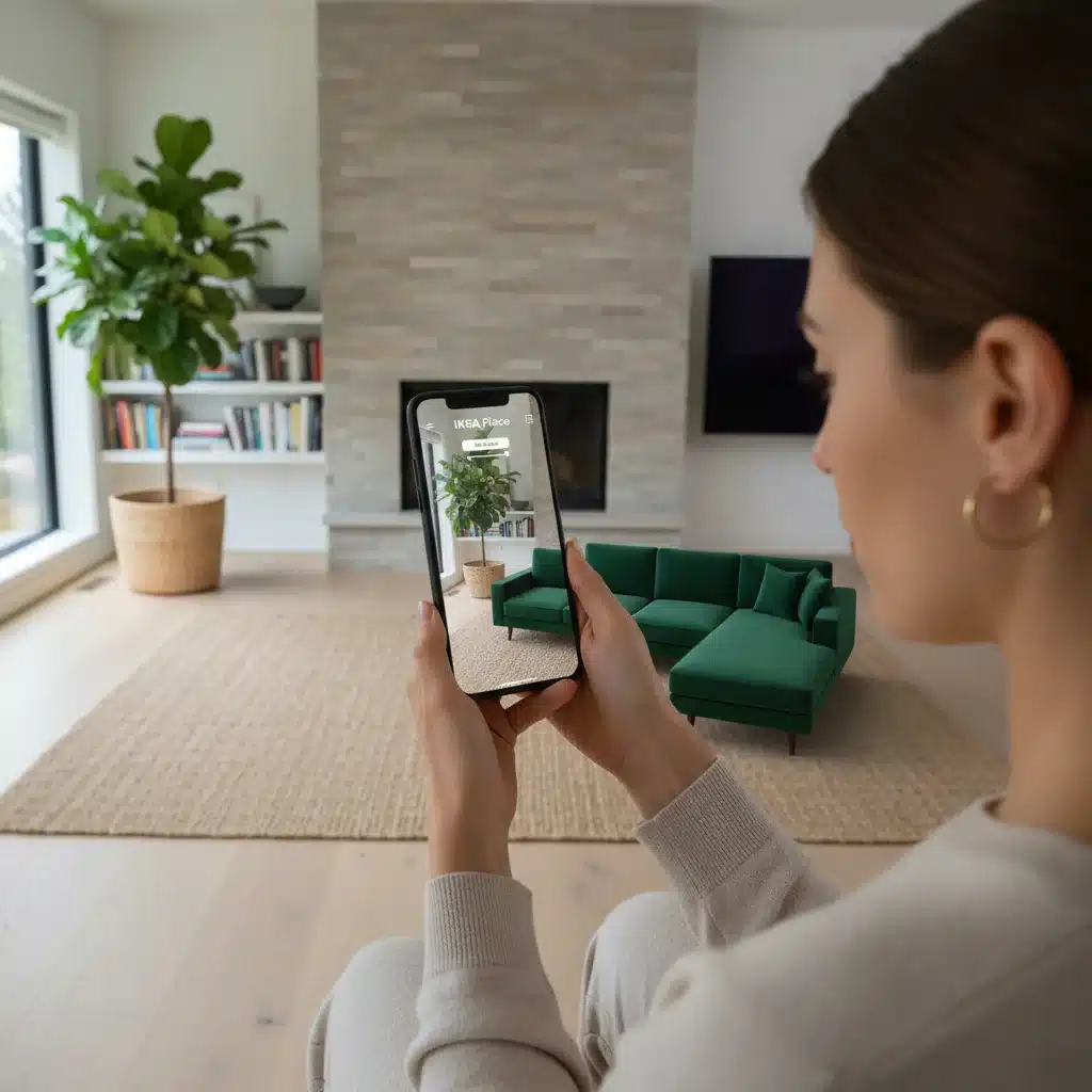 Augmented reality furniture shopping on a smartphone, enhancing customer experience.