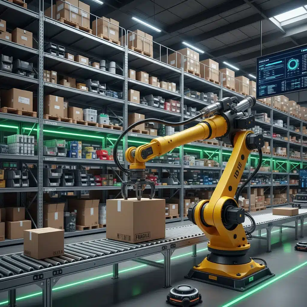 Automated robotic arm sorting packages in a modern warehouse