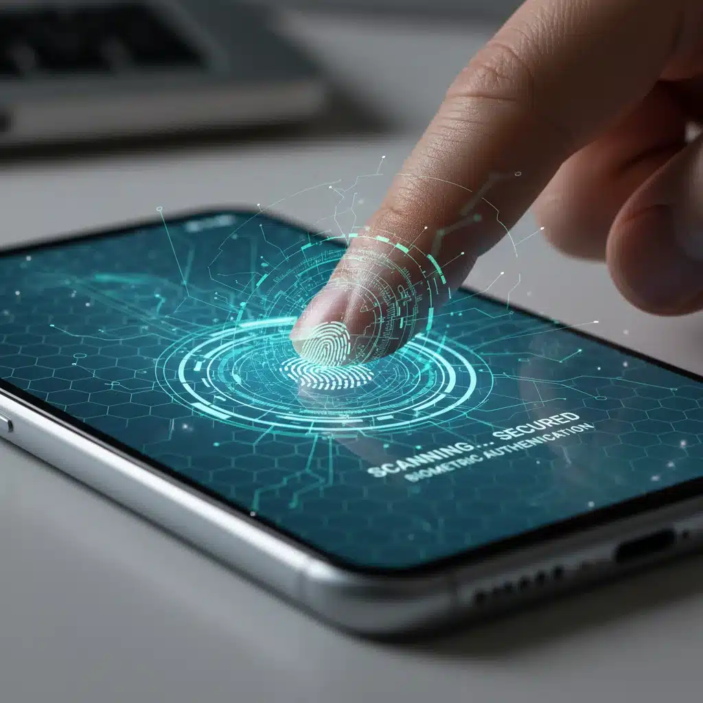 Finger scanning smartphone for biometric authentication, enhancing mobile transaction security.