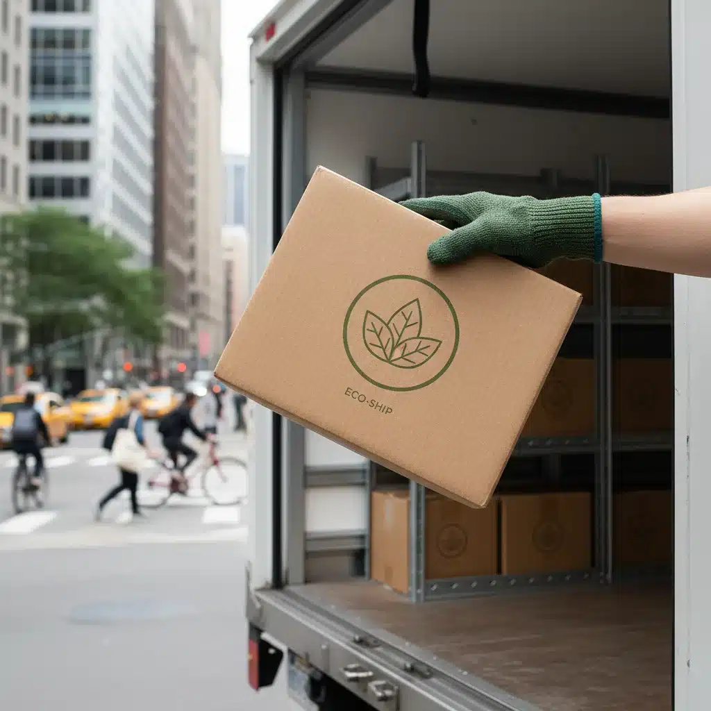 Eco-friendly packaging being loaded into a delivery truck for green logistics
