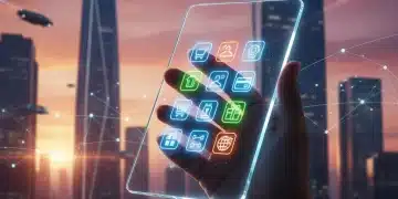 Futuristic mobile shopping apps on a smartphone, representing evolving mobile commerce trends.