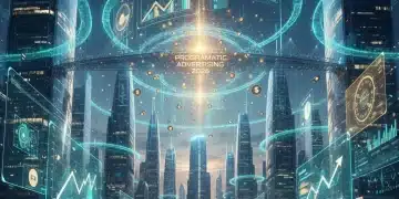 Futuristic cityscape showing programmatic advertising data streams and financial optimization