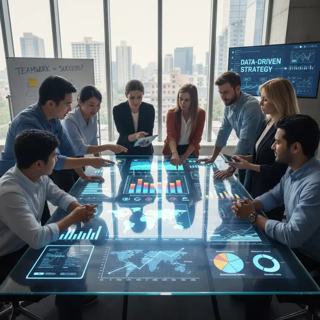 Marketing team analyzing real-time programmatic campaign data on a holographic display