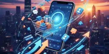 Smartphone displaying increased e-commerce mobile app engagement with US city backdrop