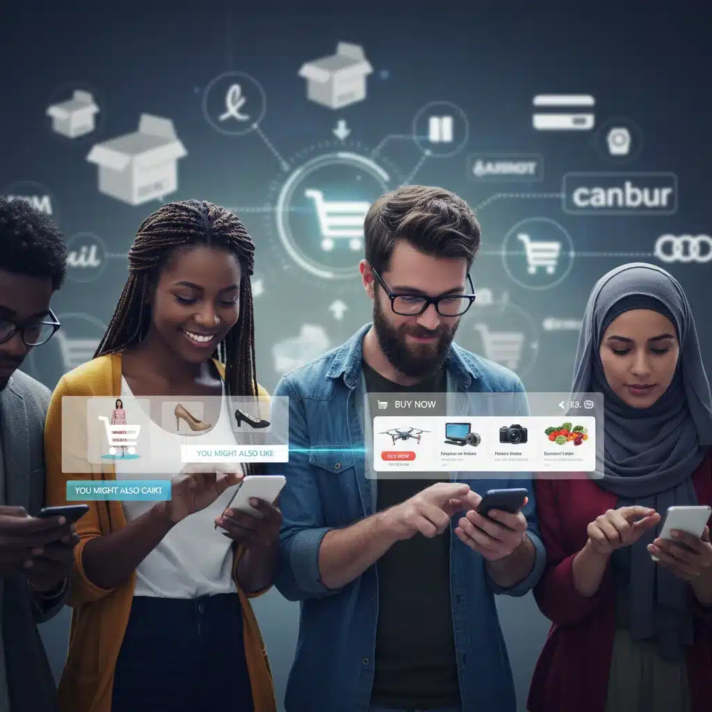Social commerce integration on mobile phones, showing seamless shopping experiences.