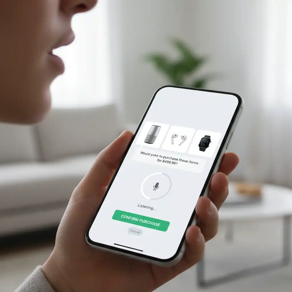 Smartphone screen showing voice assistant processing an e-commerce transaction.