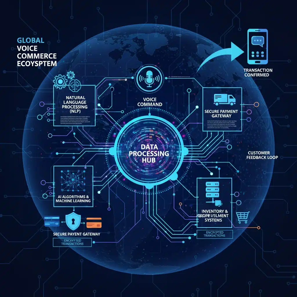 Infographic showing the technological backbone of voice commerce transactions