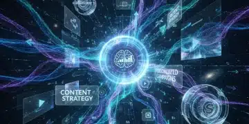 Futuristic AI neural network integrating with content marketing elements