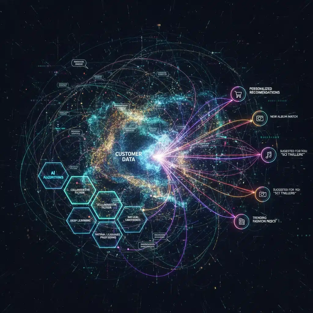 AI algorithms processing customer data for personalized product recommendations.