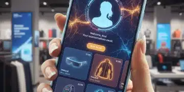 Futuristic mobile shopping interface powered by AI, showing personalized product recommendations.
