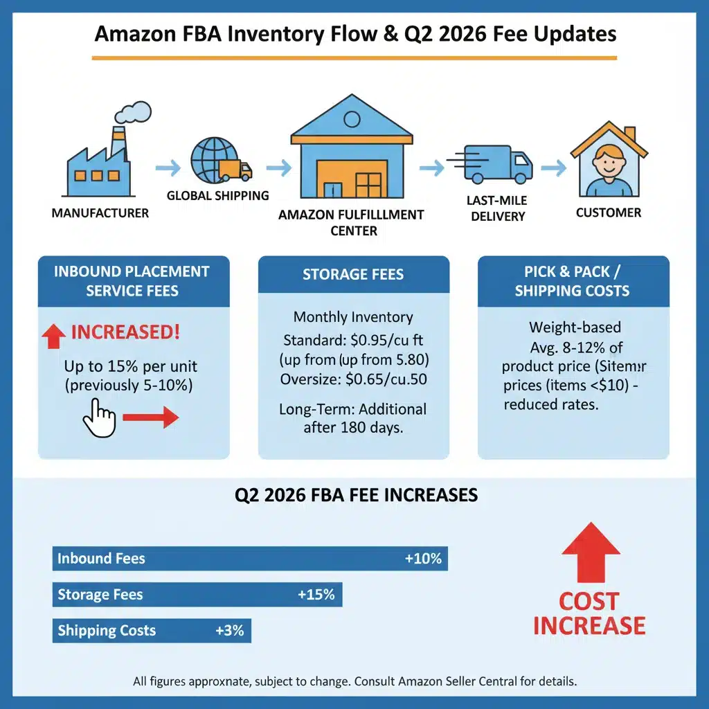 Infographic showing Amazon FBA inventory flow with updated Q2 2026 inbound placement and storage fees.