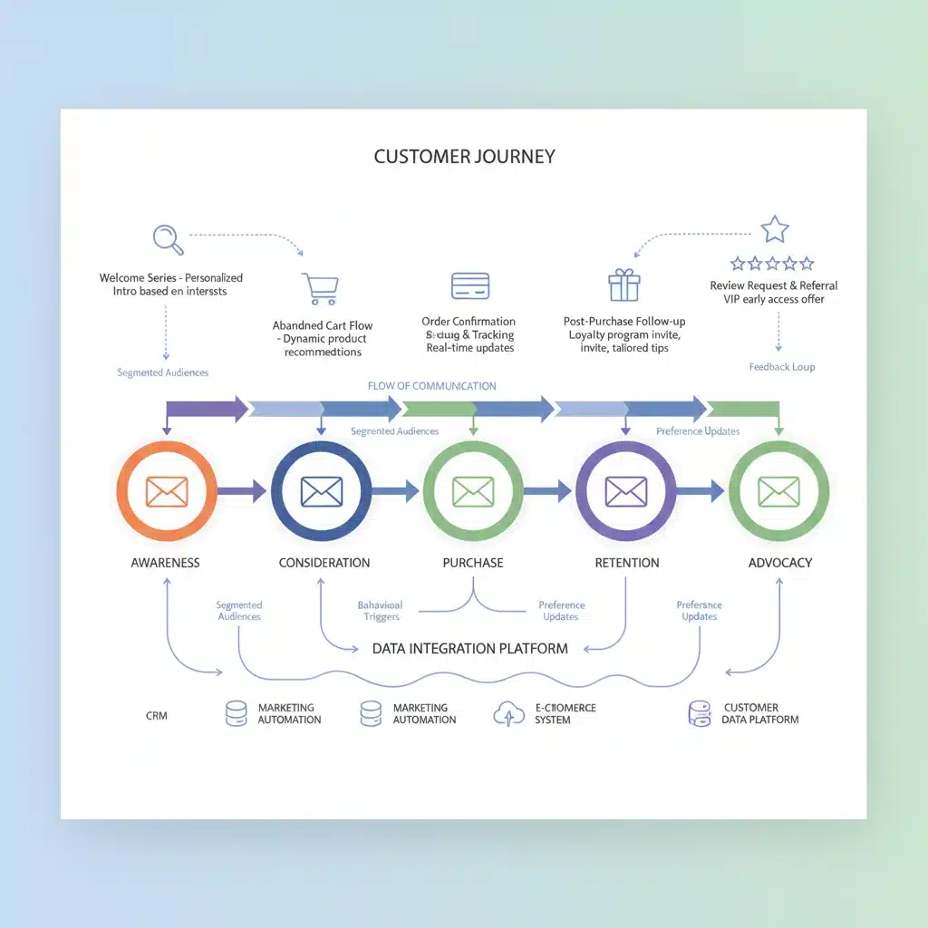Visual representation of an automated customer journey with personalized email touchpoints.
