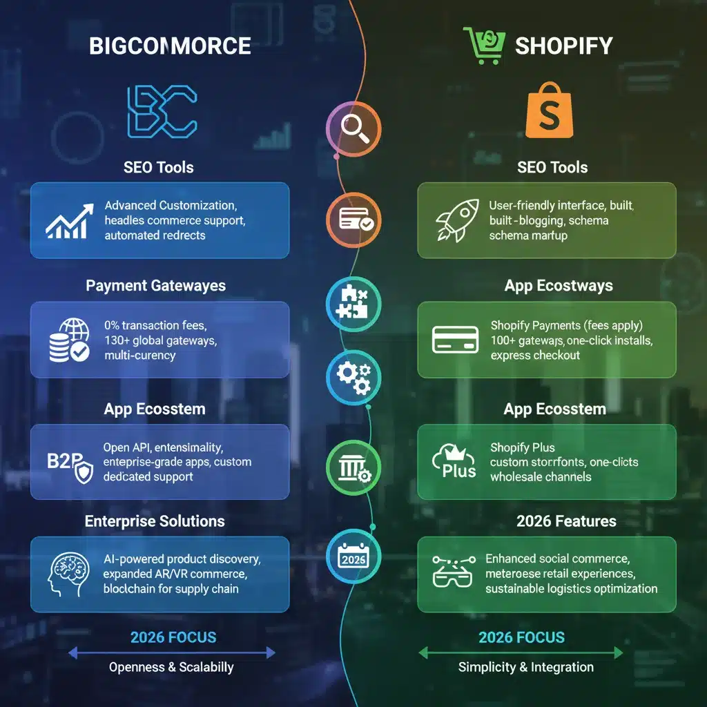 Feature comparison chart of BigCommerce and Shopify for U.S. merchants 2026