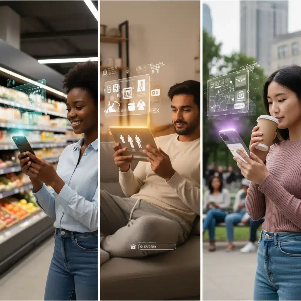 Diverse consumers enjoying seamless, AI-enhanced mobile shopping experiences.