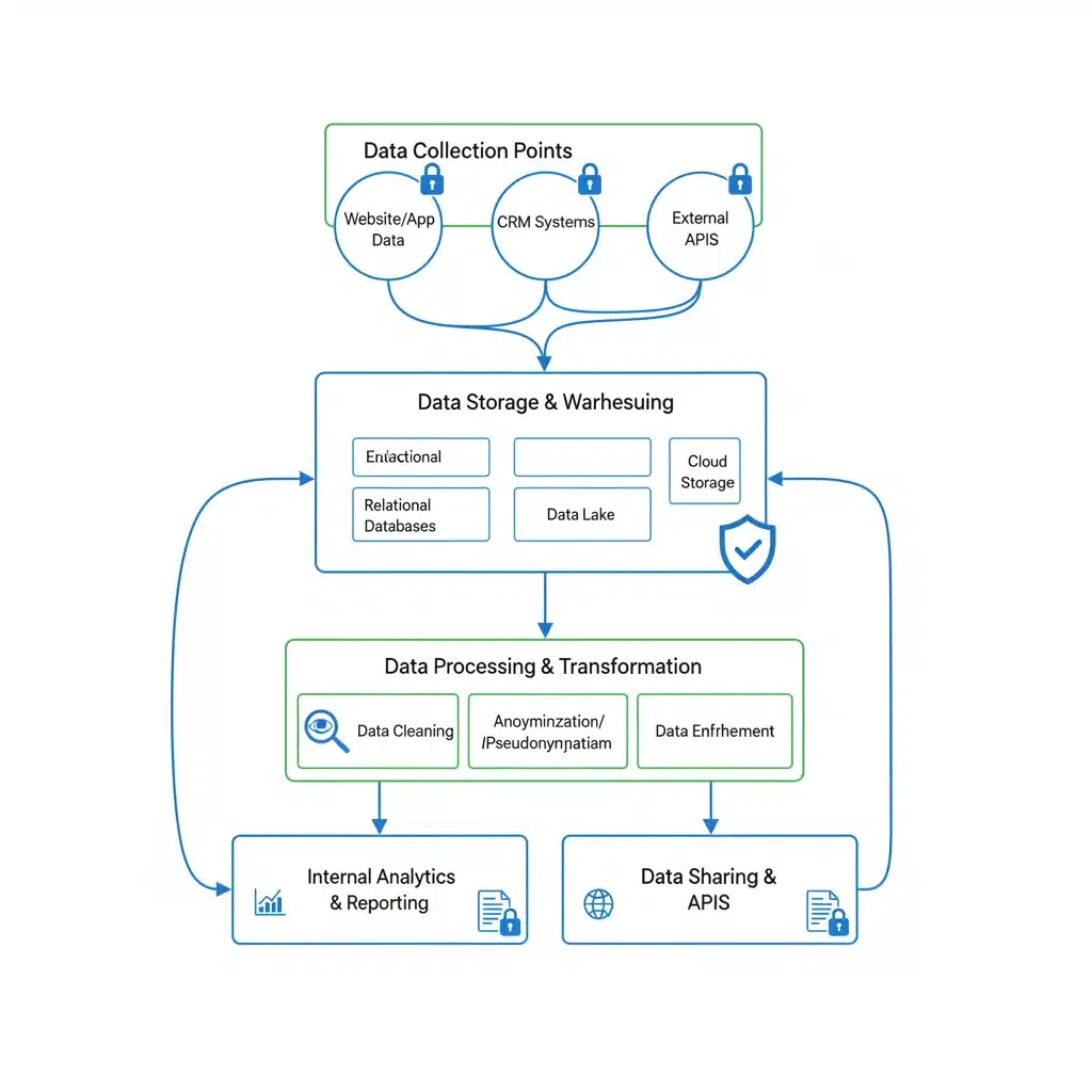 Data mapping flowchart with privacy icons for CCPA 2.0 compliance