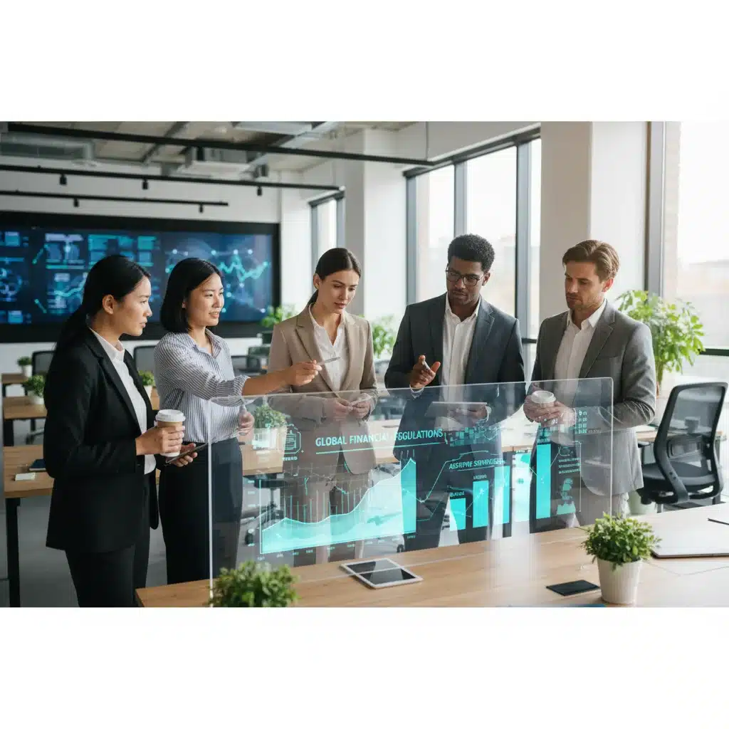 Entrepreneurs collaborating and strategizing in an office, adapting to new financial regulations.