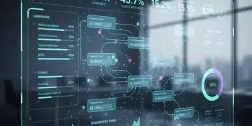 Futuristic email marketing automation dashboard showing data and workflows.