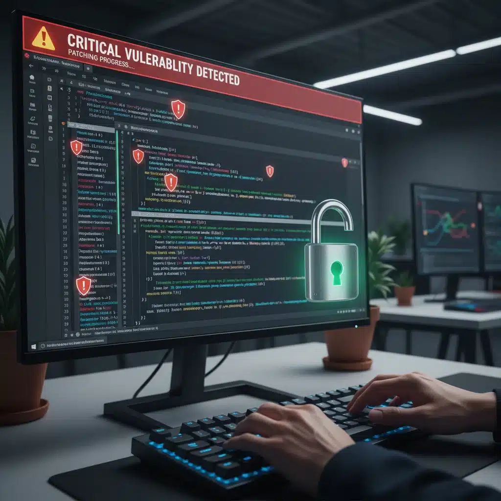 Developer applying security patches to Magento code on a computer screen