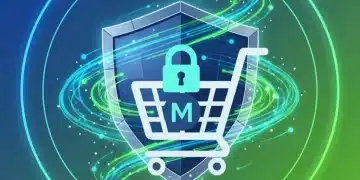 Magento Open Source 2026: Security Patch Review & 3 Critical U.S. Updates Digital shield protecting a Magento shopping cart, symbolizing e-commerce security