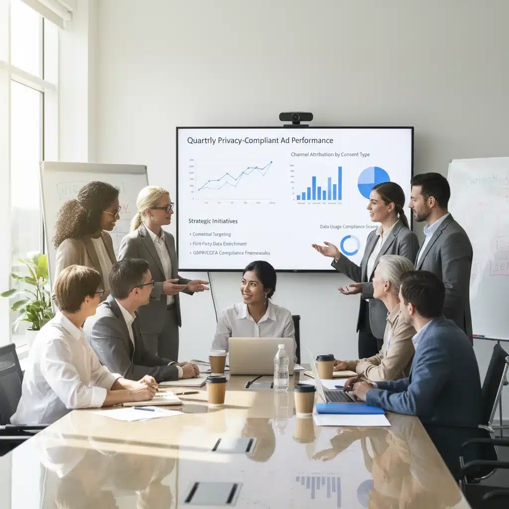 Marketing team collaborating on privacy-compliant advertising strategies