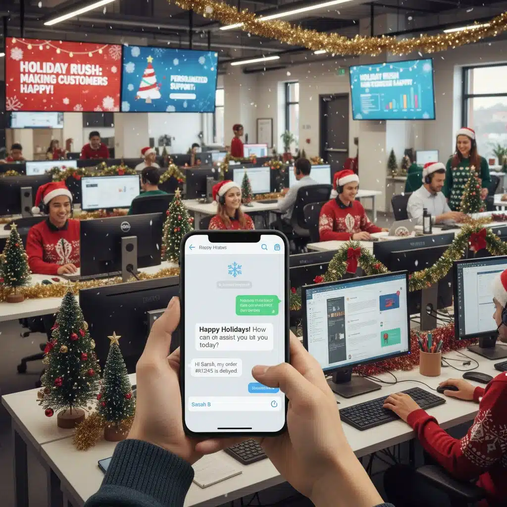 Mobile customer support representative assisting a shopper during holiday sales.