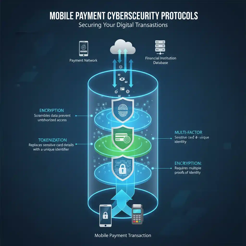 Infographic depicting cybersecurity layers for secure mobile payment transactions and data protection.