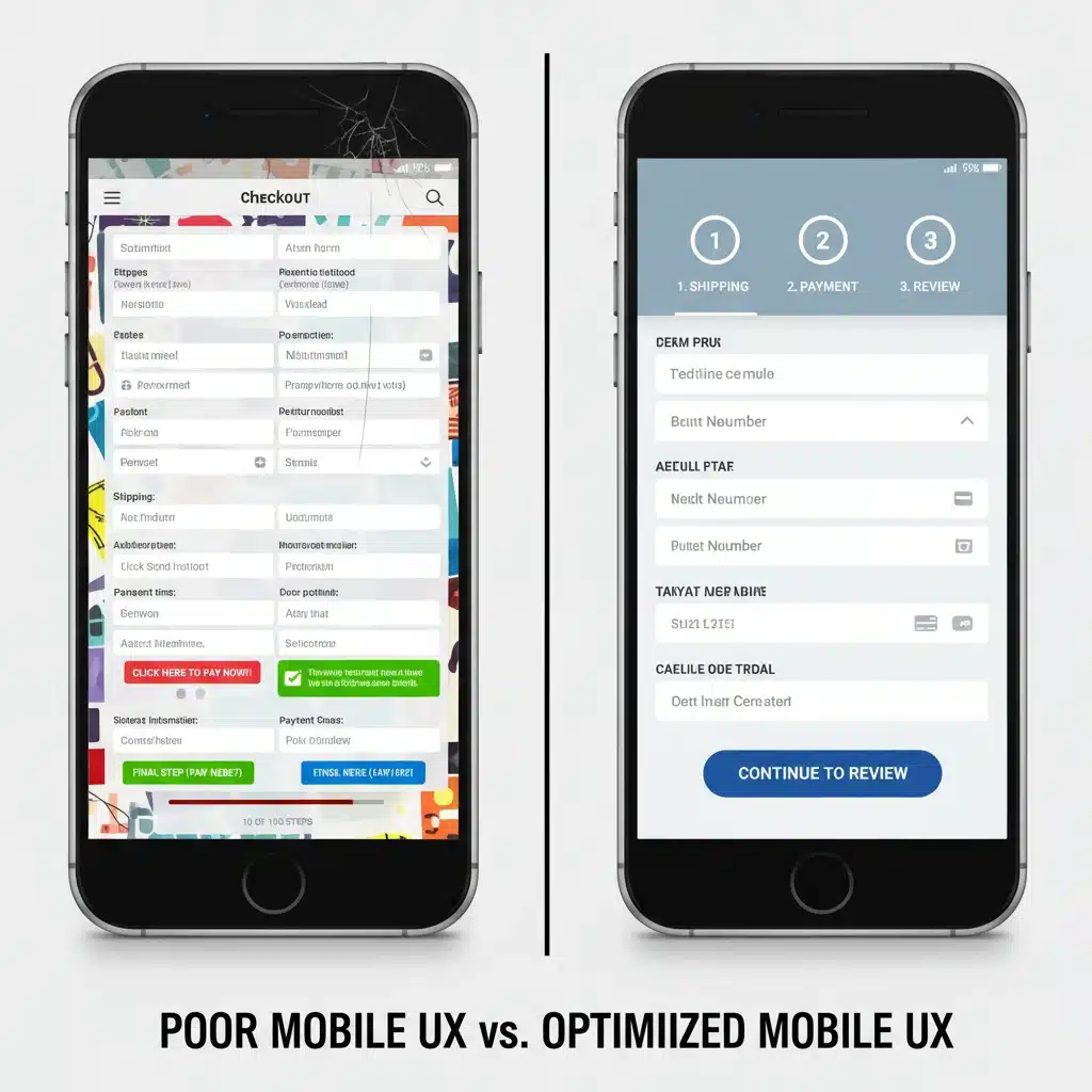 Cluttered versus optimized mobile checkout page comparison.