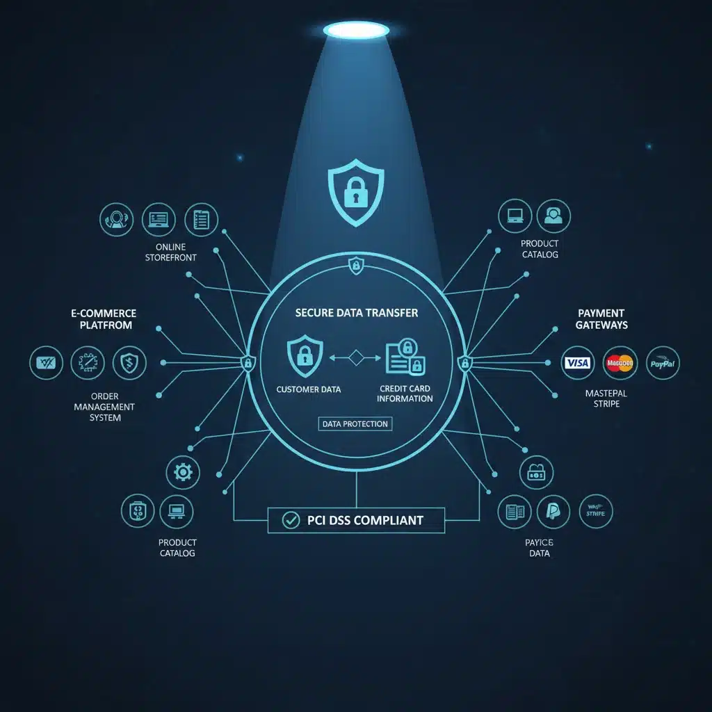 Network diagram illustrating secure data transfer and PCI DSS compliance for e-commerce
