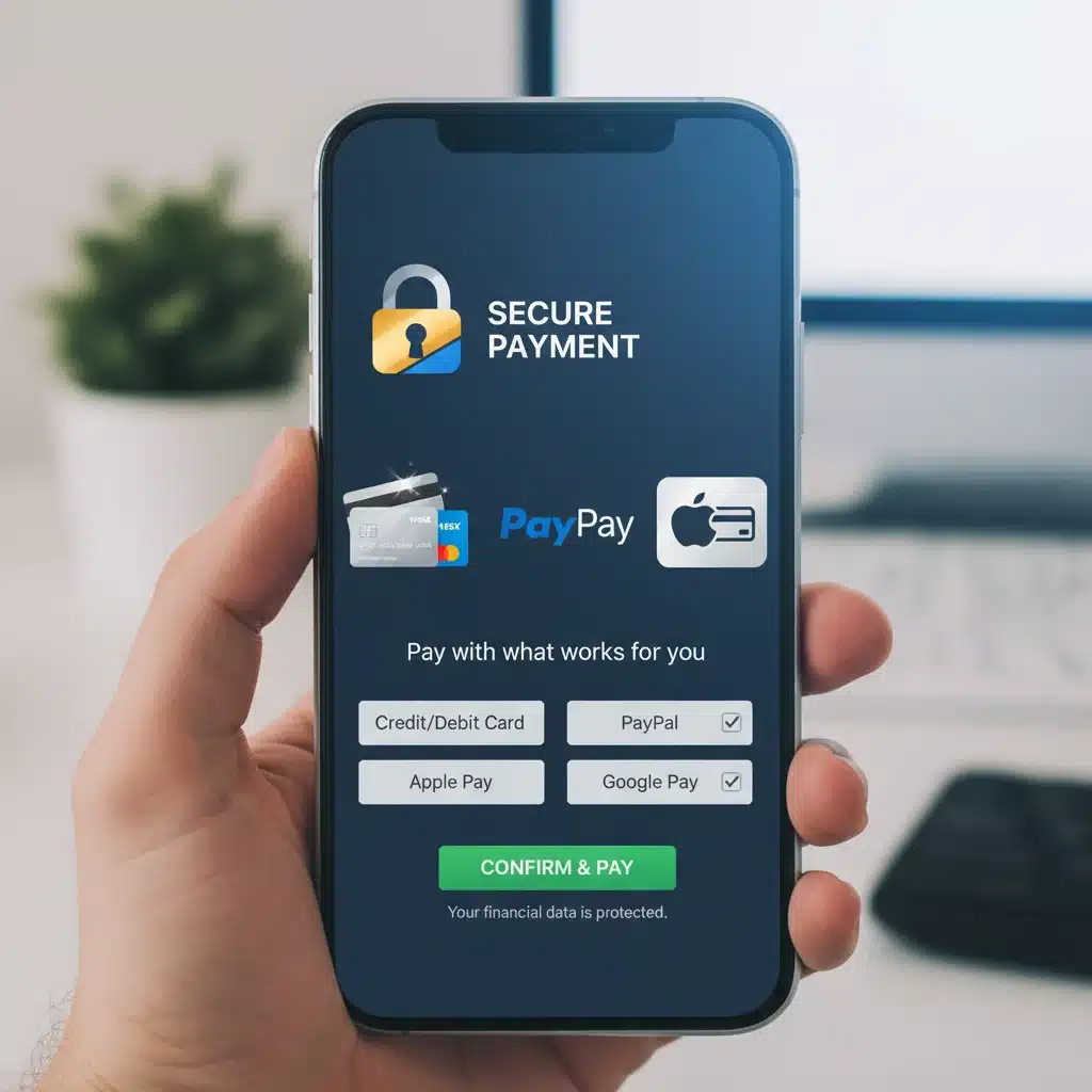 Multiple secure mobile payment options displayed on a smartphone screen.
