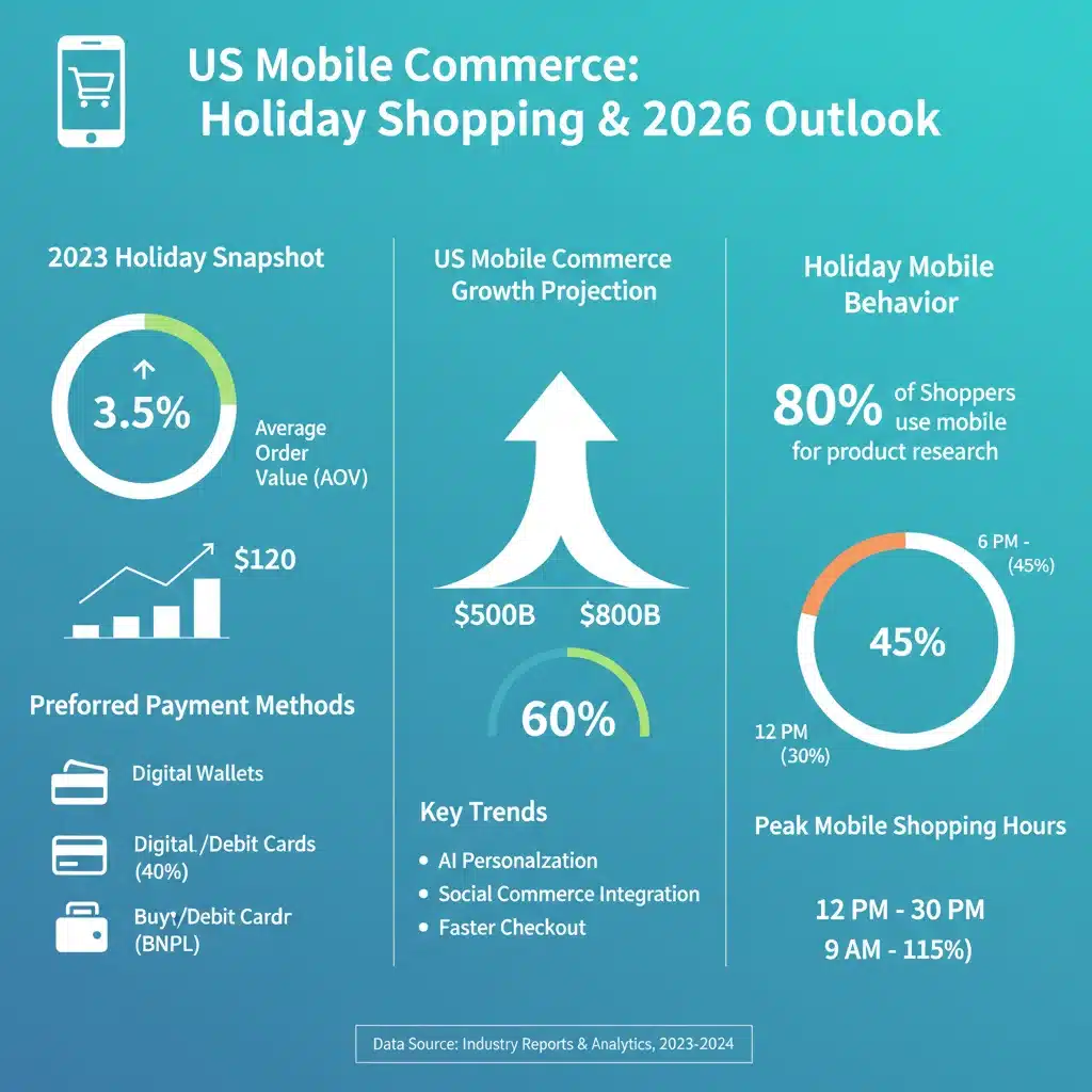 Infographic showing US mobile commerce statistics and holiday shopping trends for 2026.