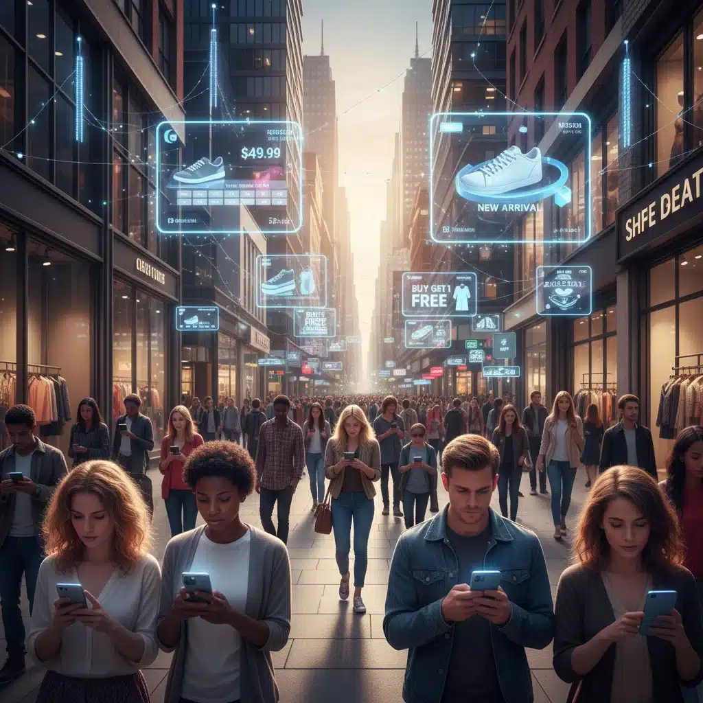 Diverse group in urban setting with smartphones, augmented reality overlays displaying product info and ads on storefronts, enabled by 5G.