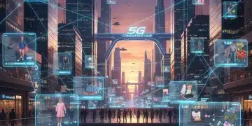Futuristic cityscape with glowing 5G network lines connecting mobile devices to holographic shopping experiences, symbolizing mobile commerce growth.