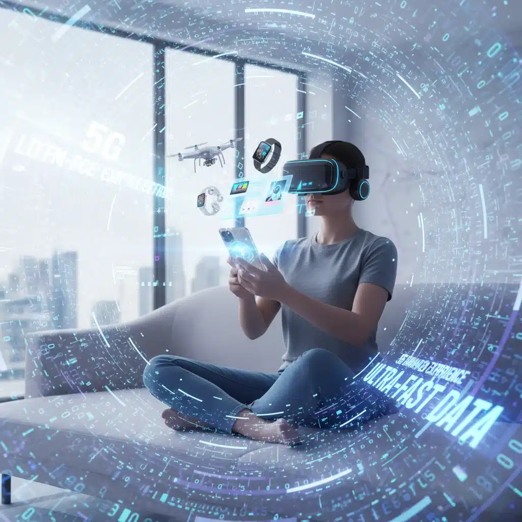 Shopper using VR headset with smartphone for 3D product browsing, demonstrating 5G enhanced shopping experience.
