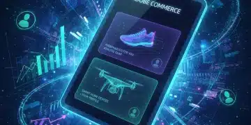 Futuristic e-commerce interface with personalized product recommendations on a tablet, symbolizing Adobe Commerce's impact on customer experience and AOV.