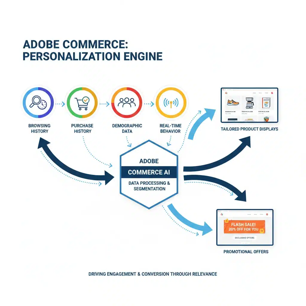 Infographic showing data points used for Adobe Commerce personalization, including browsing history, purchase history, and real-time behavior, leading to tailored product displays.