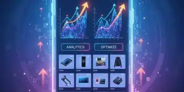 Futuristic mobile e-commerce app interface with upward trending conversion graphs.