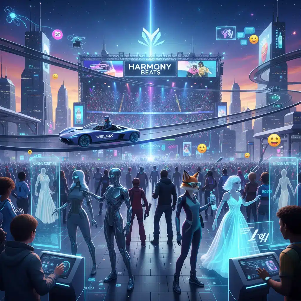 Avatars engaging in interactive brand experiences in a virtual metaverse environment.