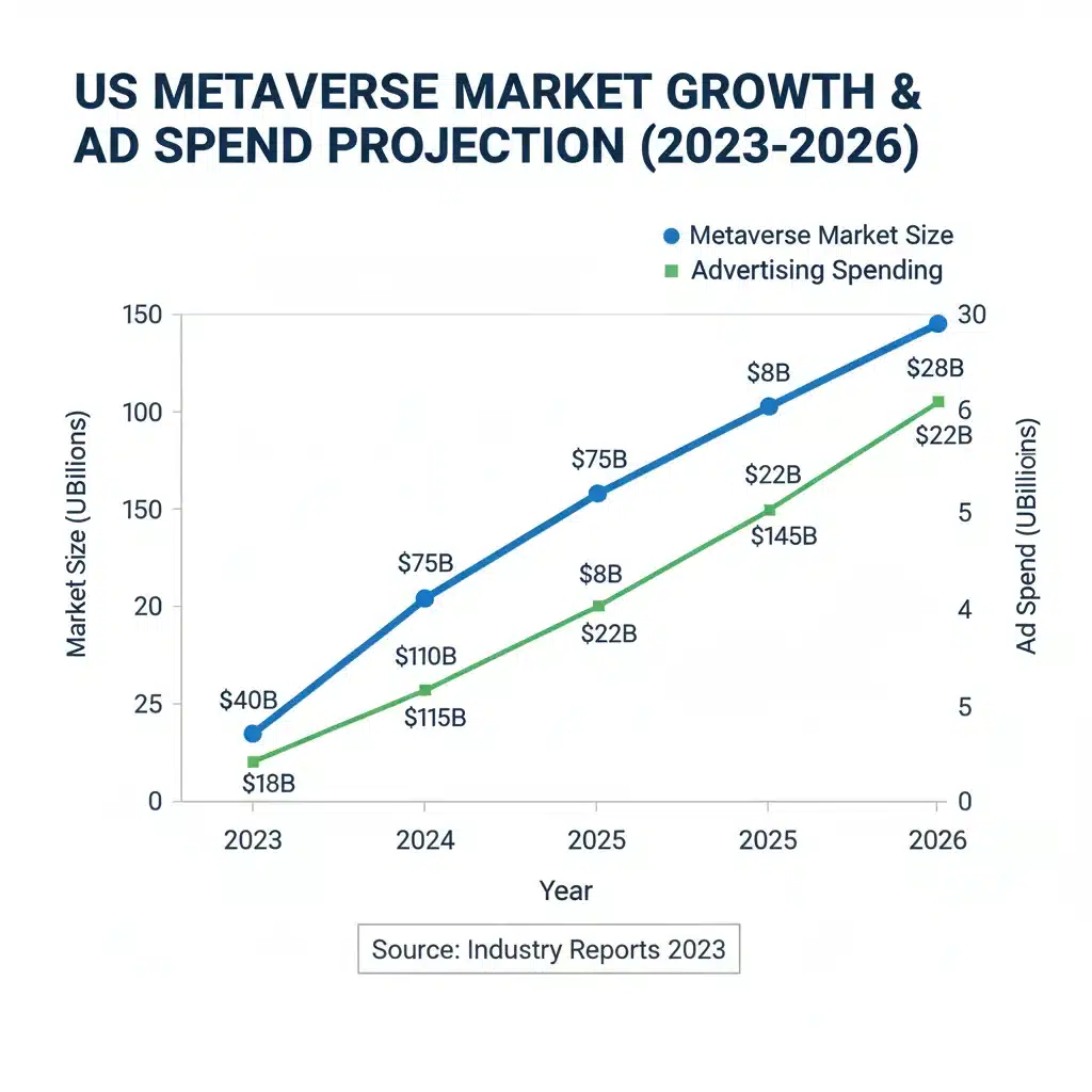Projected growth of metaverse market size and advertising spending in the US.