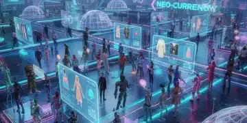Metaverse Marketing 2026: Early Adopter ROI for US Brands Futuristic metaverse landscape with interconnected virtual brand experiences and interacting avatars.