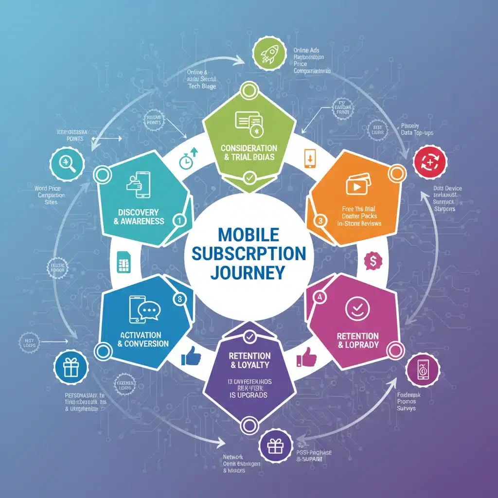 Infographic illustrating the mobile subscription customer journey and retention strategies.