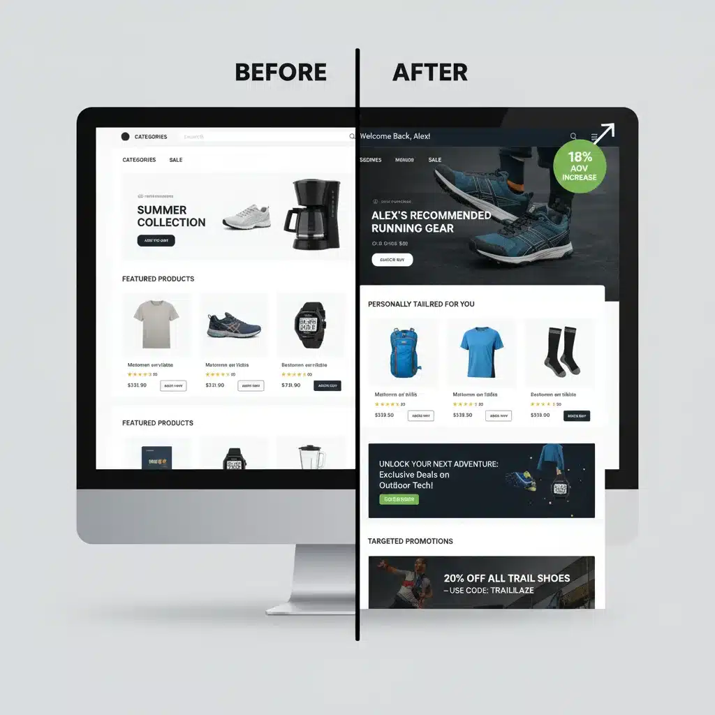Split image showing generic vs. personalized e-commerce pages, illustrating the impact of Adobe Commerce personalization on customer experience and AOV.