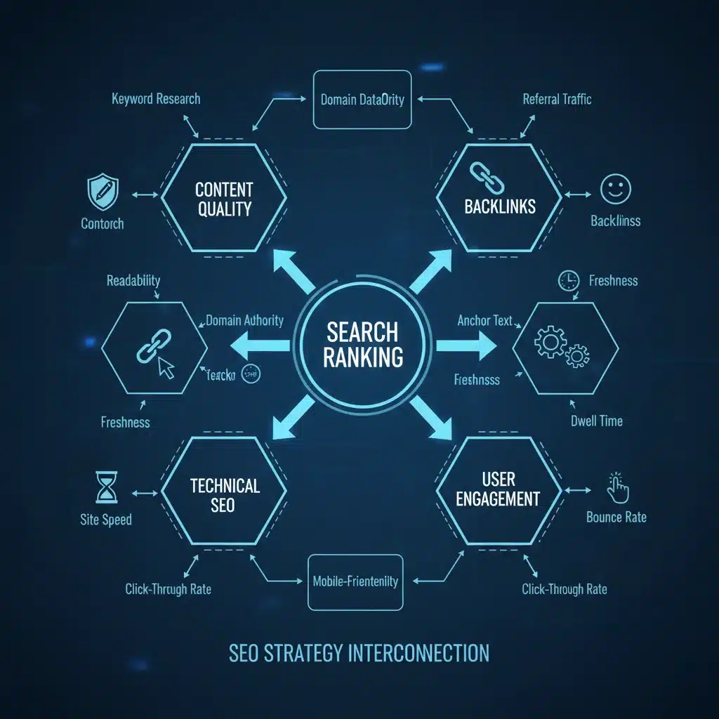 Complex SEO elements flowchart showing content, backlinks, technical SEO, and user engagement